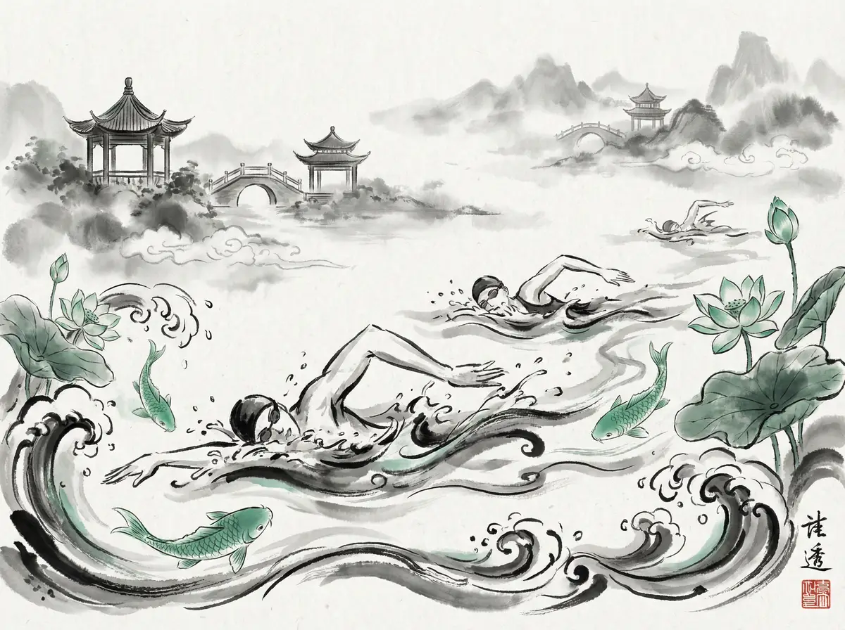 水墨风格渲染的游泳比赛劈波斩浪场景